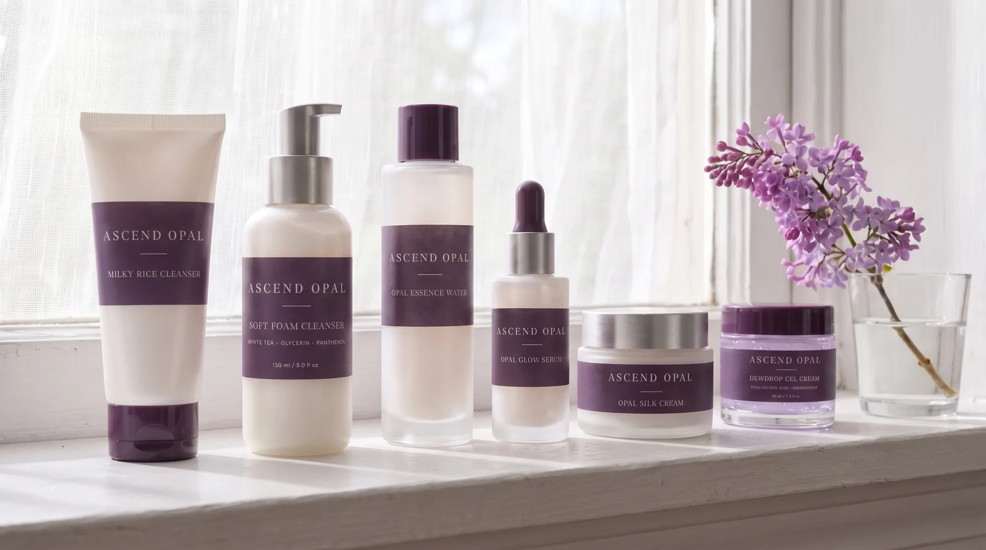 Cleansers, essence, serum and creams in a row on a sunlit windowsill beside a sprig of lilac